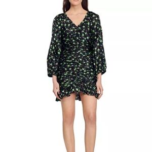 Sandro Black Floral Ruched Mini Dress with Green Accents